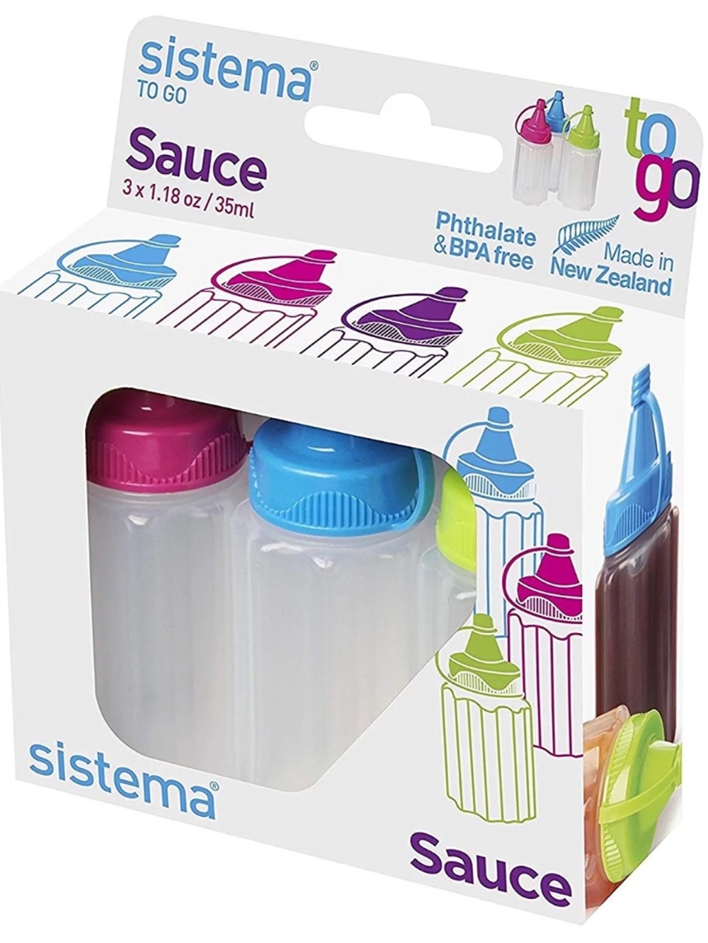 stem To Go Sauce Dispenser Set - Blue, Pink, Green Caps
